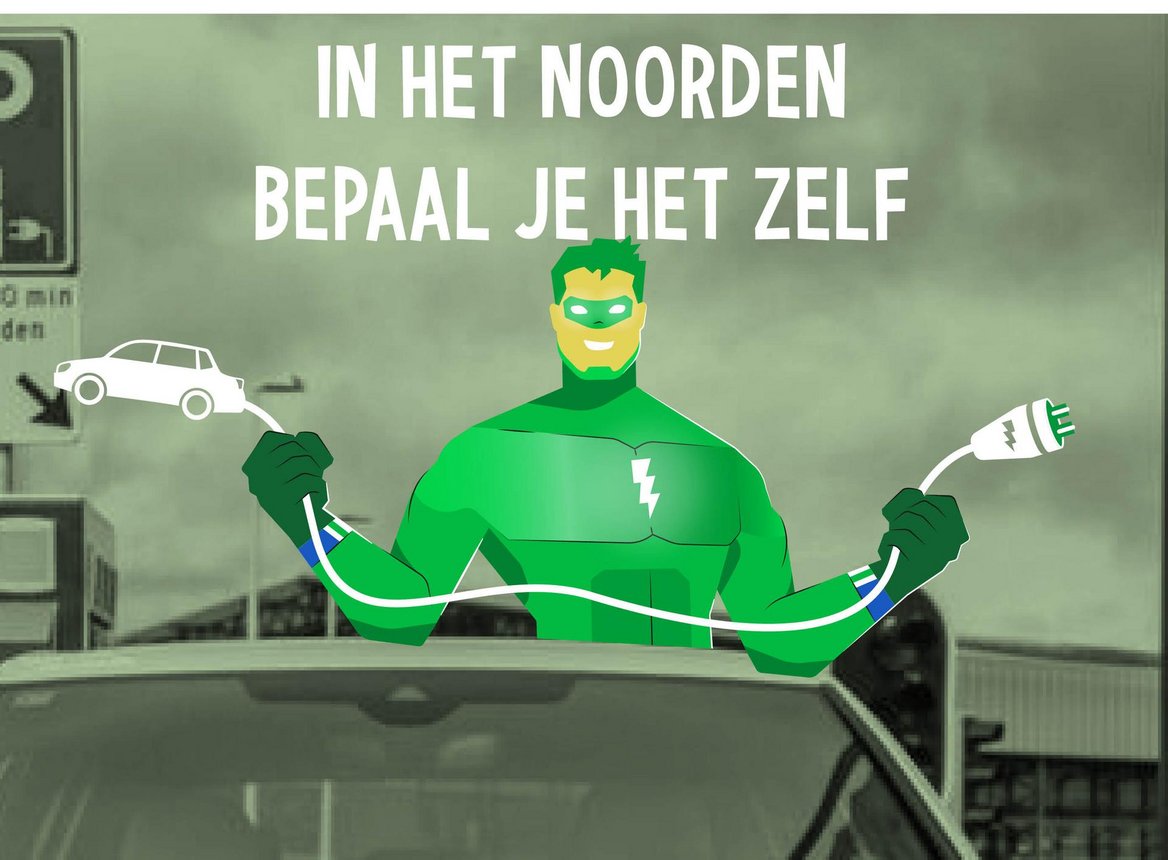 Animatie groen mannetje bij een auto die oplaadt